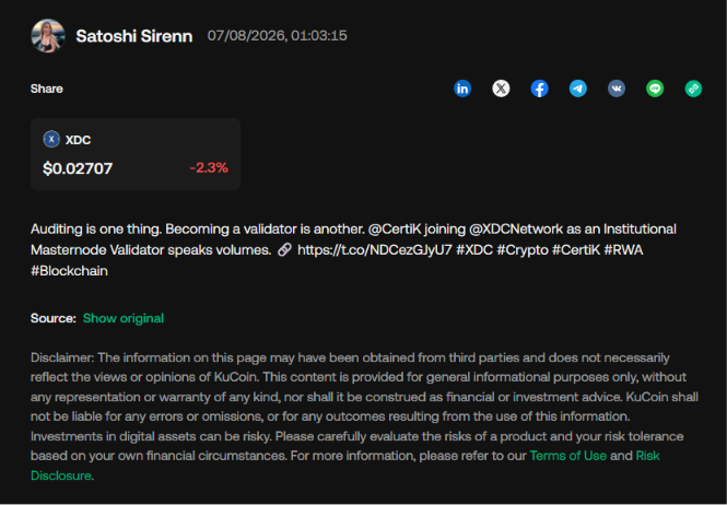 AltQueenx0's tweet photo. 🔒 Auditing is one thing. Becoming a validator is another.

@CertiK joining the @XDCNetwork as an Institutional Masternode Validator is a strong vote of confidence in XDC's security, decentralization, and enterprise future.

Read more: https://t.co/ym4vQaUhBZ #XDC #CertiK #RWA https://t.co/LQowyu5qRF