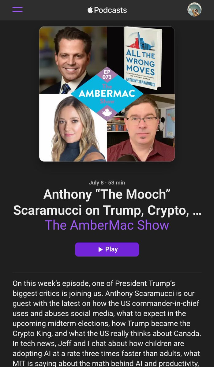 ambermac's tweet photo. ‼️NEW today: Anthony @Scaramucci is our guest on this week's The AmberMac Show podcast on SiriusXM. 

We chat Trump, crypto, and Canada.

🔗 Listen here:
https://t.co/Sz6jMRtSYd

cc @jeffmacarthur https://t.co/QkHJSPAdyB