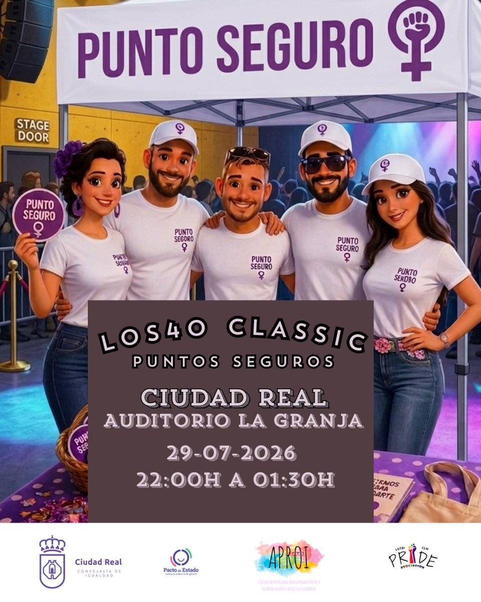 aproi_clm's tweet photo. ¡Disfruta de #LOS40Classic en la #Pandorga2026 con seguridad! 🎵✨

El 29 de julio, de 22h a 01:30h, el #PuntoSeguro te espera en el Auditorio La Granja con apoyo, info y tapavasos. 

¡Vivamos unas fiestas libres de agresiones y con respeto! 💜🛡️

#OcioSeguro #CiudadReal https://t.co/MJweIP1wNY