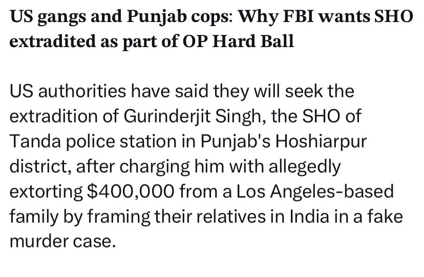 Yogeshlive24's tweet photo. The #FBI has charged #Punjab #Police SHO #Gurinderjit Singh #Nagra of #Tanda Police Station in connection with a $400,000 #extortion #case. FBI has accused that the policeman was trying to implicate an #American family in false #murder case. https://t.co/Mp7NoEPTp9