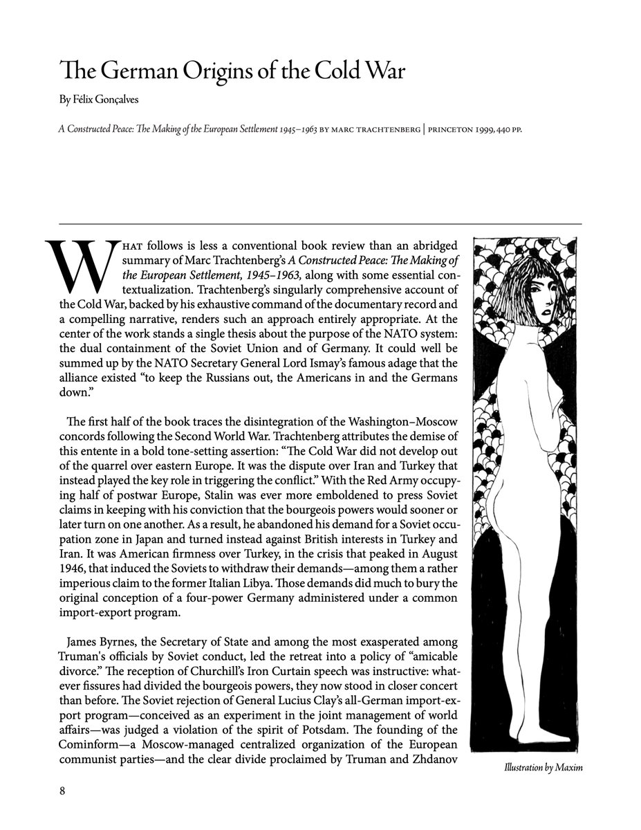 Rubicon_Press's tweet photo. In Rubicon's first issue, Félix Gonçalves reads Marc Trachtenberg's revisionist Cold War history A Constructed Peace and finds an unsettling pattern: successive postwar presidents desired a militarily strong Europe, only to be undermined by their own officials. Link in reply: