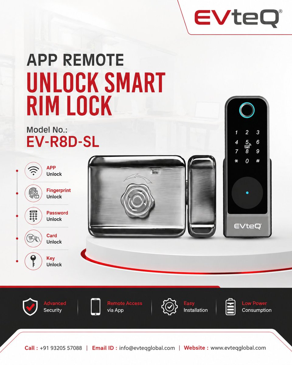 EVteQ's tweet photo. Security that adapts to your lifestyle.

The EVteQ EV-R8D-SL Smart Rim Lock combines elegant design with intelligent access control, giving you multiple ways to unlock and complete confidence every day.

Secure. Smart. Seamless.

#smartlock #rimlock #digitallock #doorlock https://t.co/qBU3asMBdq