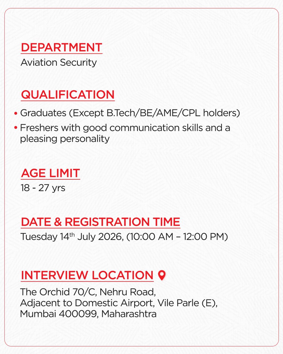flyspicejet's tweet photo. Now Hiring: Aviation Security Professionals.
#flyspicejet #spicejet #Hiring #AviationSecurity #aviation https://t.co/WeNaK1Wgv3