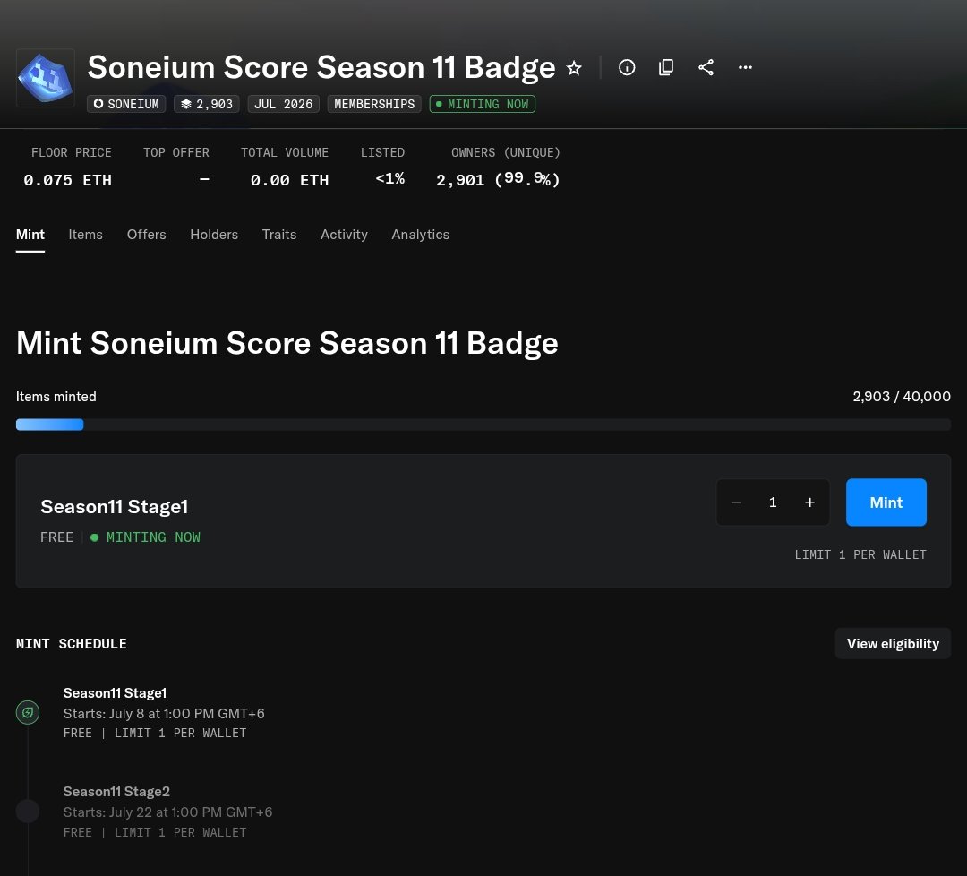 puppet0582's tweet photo. Soneium Season 11 Badge mint is now live 💿
 
If you scored 84+ in Season 11, you can mint during Stage 1.

Go and mint now (Opensea link)👇
https://t.co/e6P8flxtnc
 
If your score is 80–83, you'll be eligible once Stage 2 goes live.
 
GSoneium 💿 https://t.co/rBRZqYwk8J
