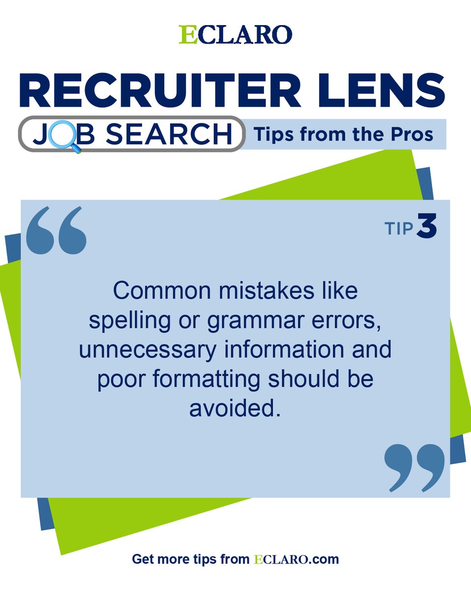 eclarotweets's tweet photo. The best career advice often comes from the people reading your résumé.

Here’s a tip from recruiters to help you put your best foot forward.

Stay tuned next Wednesday for more!

#WednesdayWisdom #CareerTips #JobSearch #ResumeAdvice https://t.co/OySSGuBJ2i