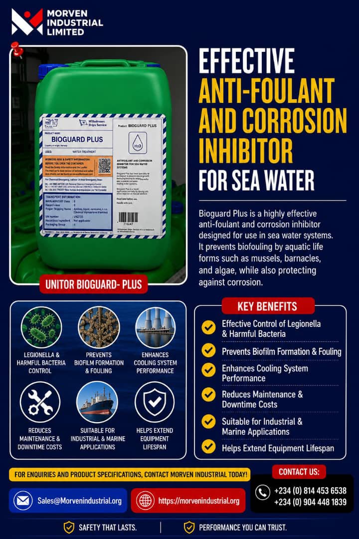 Morvenind_ltd's tweet photo. Growth in cooling water systems can lead to corrosion, slime build-up, reduced heat transfer, and downtime.

UNITOR BIOGUARD PLUS control bacteria, algae, and fungi, keeping your systems cleaner, more efficient, &amp; better protected.

📞 +234 814 453 6538
🌐 https://t.co/QkilIZRJme https://t.co/x2Fv5PJPxa