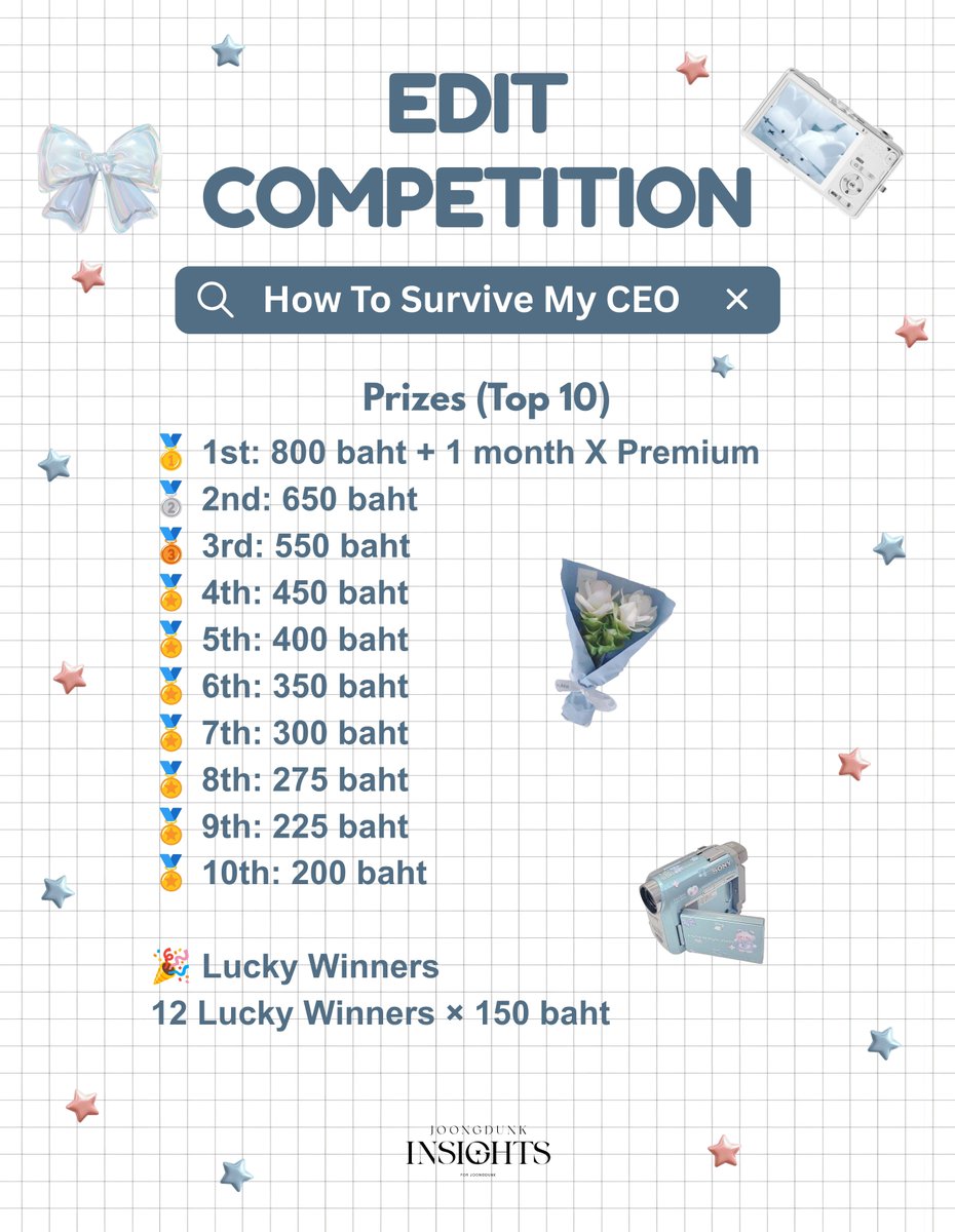 JDInsights_'s tweet photo. #HowToSurviveMyCEO #จุงดัง #JoongDunk

𝗧𝗛𝗘 𝗠𝗔𝗦𝗦 𝗦𝗧𝗥𝗘𝗔𝗠𝗜𝗡𝗚 & 𝗘𝗗𝗜𝗧𝗜𝗡𝗚 𝗖𝗢𝗠𝗣𝗘𝗧𝗜𝗧𝗜𝗢𝗡 𝗜𝗦 𝗡𝗢𝗪 𝗢𝗙𝗙𝗜𝗖𝗜𝗔𝗟𝗟𝗬 𝗢𝗣𝗘𝗡! 

🖇️ https://t.co/sAWEwLHyGp

Drop your streaming screenshots under this post or quote this post using the correct hashtags to qualify for the Lucky Winner prizes!

📸 The more valid streaming screenshots you submit, the more chances you have to win!

🏆 For Editors:
Post your edit on X using the required hashtags and tag our account. If we haven't liked your post yet as confirmation that we've seen your entry, please send it directly to our DMs☺️ Don't forget to mention us on your timeline as well so we can check our message requests. Thank you! 

Good luck, everyone! Let's work together to reach 3 MILLION VIEWS and have fun streaming!