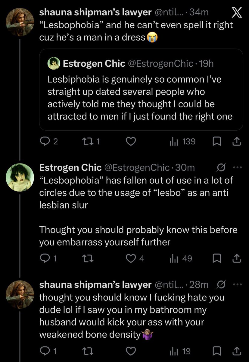 EstrogenChic's tweet photo. Straight TERFs will try to act like they’re lesbians only to tell you their husband’s gonna beat you up the moment there’s slight resistance https://t.co/qFRuaZSga3