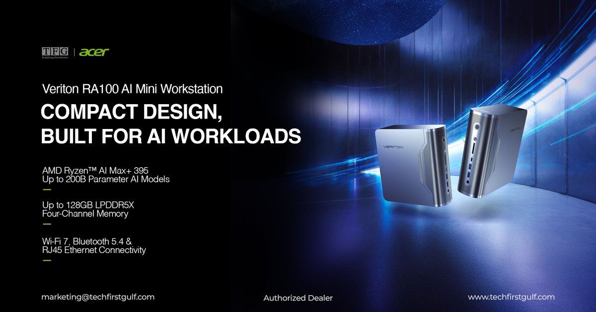 tech_fz's tweet photo. @Acer Veriton RA100: AMD Ryzen AI Max+ 395, up to 200B-param AI models, 128GB RAM, 4TB SSD, Wi-Fi 7 β massive AI power in a mini form factor.
π© marketing@techfirstgulf.com
#Acer #Veriton #AIWorkstation #TechFirstGulf https://t.co/Ao5Sgf0DY3
