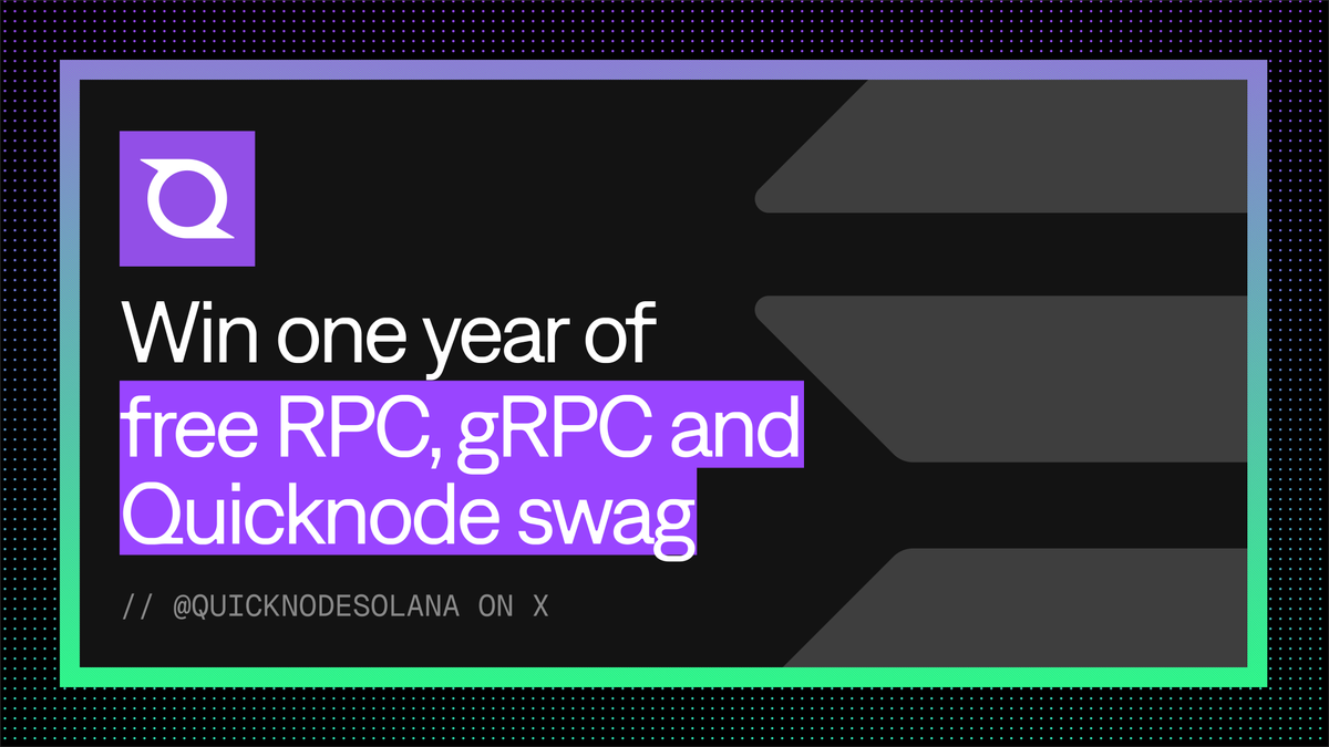 QuicknodeSolana's tweet photo. We created @QuicknodeSolana as a place for developers to get chain-specfic updates and knowledge from Solana's fastest RPC provider. We're now at nearly a thousand followers. If you'd like to win
✨1 year free Scale plan✨, with:

- 950M API credits
- 250 requests/sec
- 10 concurrent gRPC streams, with 10 addresses per stream
- 8 hour SLA

Then just:

- Follow @QuicknodeSolana and retweet this
- Reply to this thread telling us what you're building on Solana
- Tell us how Quicknode makes it better

We'll pick a winner at the end of the month. Runners-up get a Quicknode swag pack with t shirts, stickers and more.