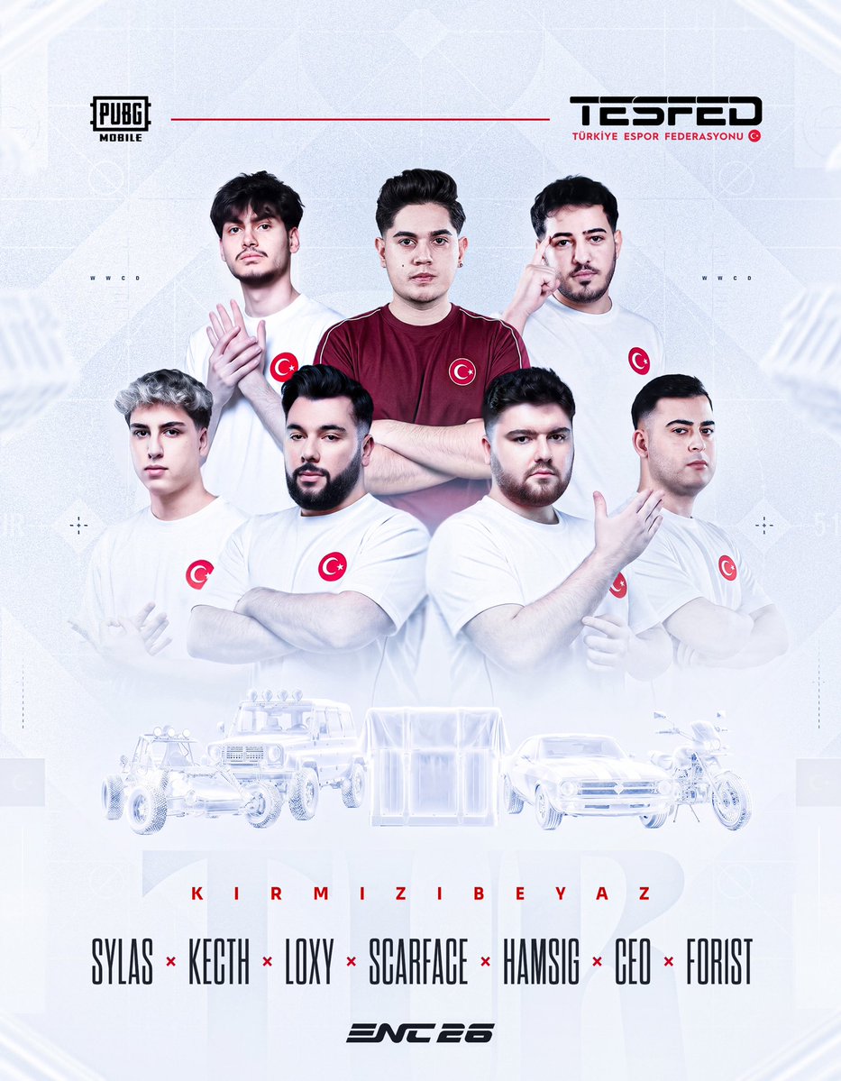 tesfed's tweet photo. 🇹🇷 PUBG MOBILE Milli Takımımız ENC26 ana turnuvasında!

Oyuncularımızın uluslararası arenada gösterdiği performansla ENC Ranking sisteminde elde ettiği puanlar sonucunda, PUBG MOBILE Milli Takımımız Esports Nations Cup 2026 ana turnuvasına davet hakkı elde etti.

Ülkemizi ENC26’da temsil edecek PUBG MOBILE Milli Takımımız:

Berkin “Sylas” Çetin
Yiğit “Kecth” Meral
Mahmut “Loxy” Diken
Civan Taner “Scarface” Altay
Faruk “HamsiG” Hamsici
Abdulsamet “CEO” Polat

Koç: Furkan “For1st” Şentürk

Milli takımımıza başarılar dileriz. 🔴⚪

#KırmızıBeyaz #ENC26