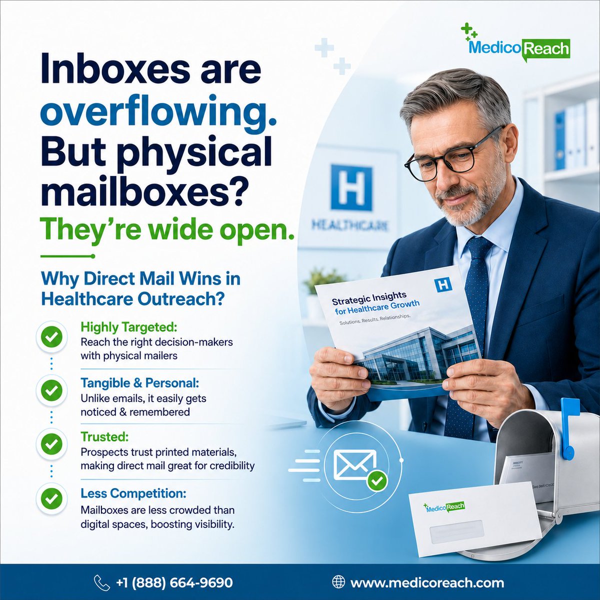 MedicoReach's tweet photo. Healthcare executives face inbox overload, hundreds of emails blocked by firewalls.  Their desks? Wide open. Direct mail delivers impact: noticed, opened, and remembered.  

To know more, visit: https://t.co/OISyqXwtgl   

#DirectMail #B2BHealthcare https://t.co/UFDu2F9qf3