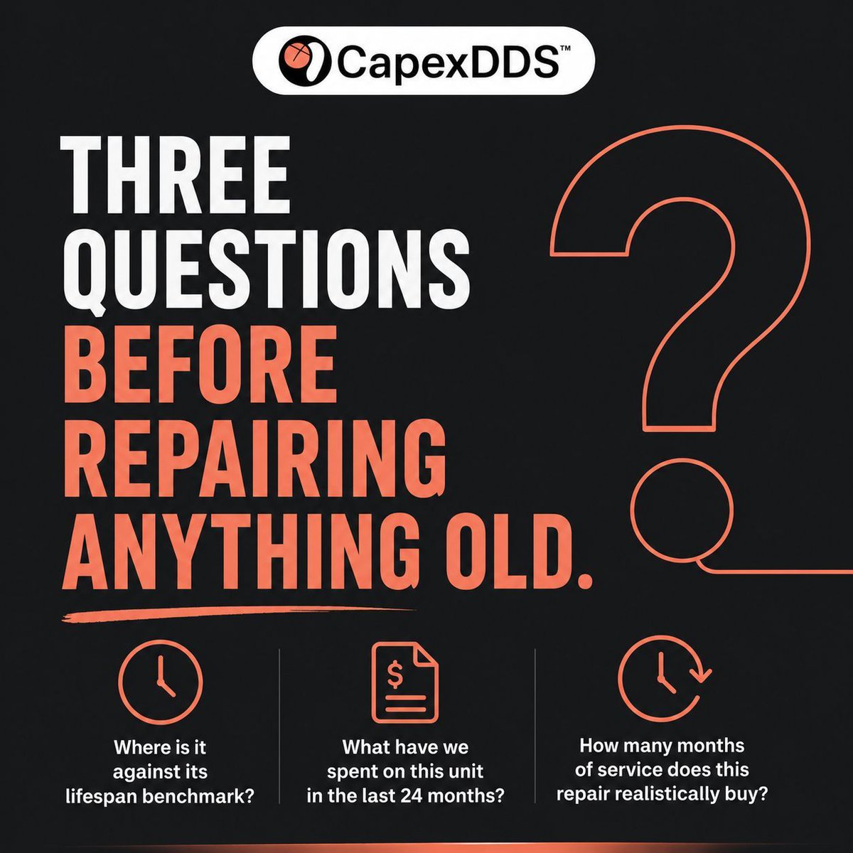 CapexDDS's tweet photo. A $900 patch that buys four months, on a unit that already ate $1,400 this year, isn't a cheap fix.

It's a deposit on the next emergency.

Before you approve anything on aging equipment, ask these three questions first.👇️ 

#CapexDDS #DentalBusiness #DSO #DecideWithData https://t.co/B2bWSPhJaI