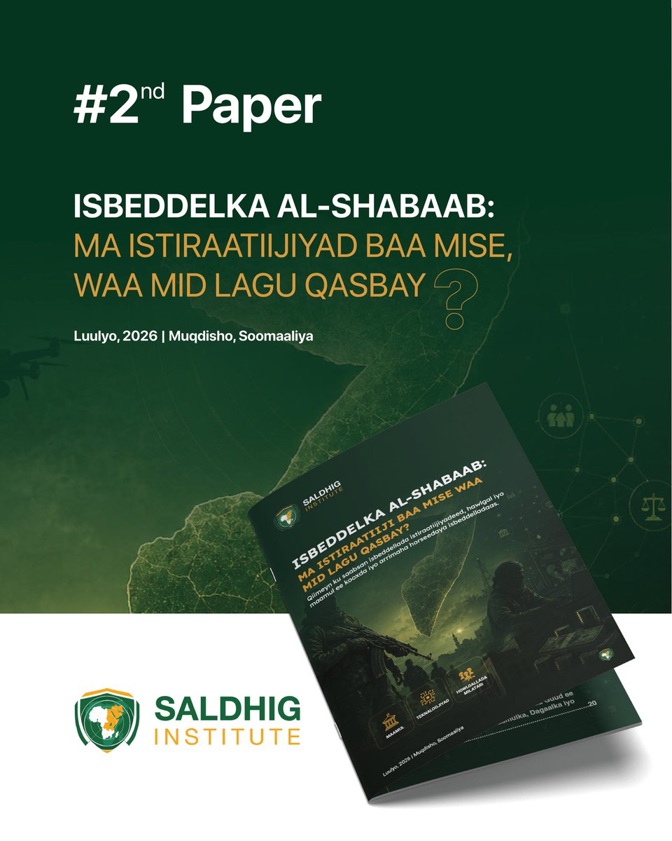 SaldhigSI's tweet photo. Waxaan ku faraxsannahay inaan idiin soo bandhigno cilmi-baaris cusub, cinwaankeeduna yahay, “Isbeddelka Al-Shabaab: Ma Istiraatiijiyad baa Mise, Waa Mid Lagu Qasbay.”

Lifaaqa qeybta bio-ga saaran ayaad ka akhrisan kartaa cilmi-baarista. https://t.co/XK0mlVXnGJ
