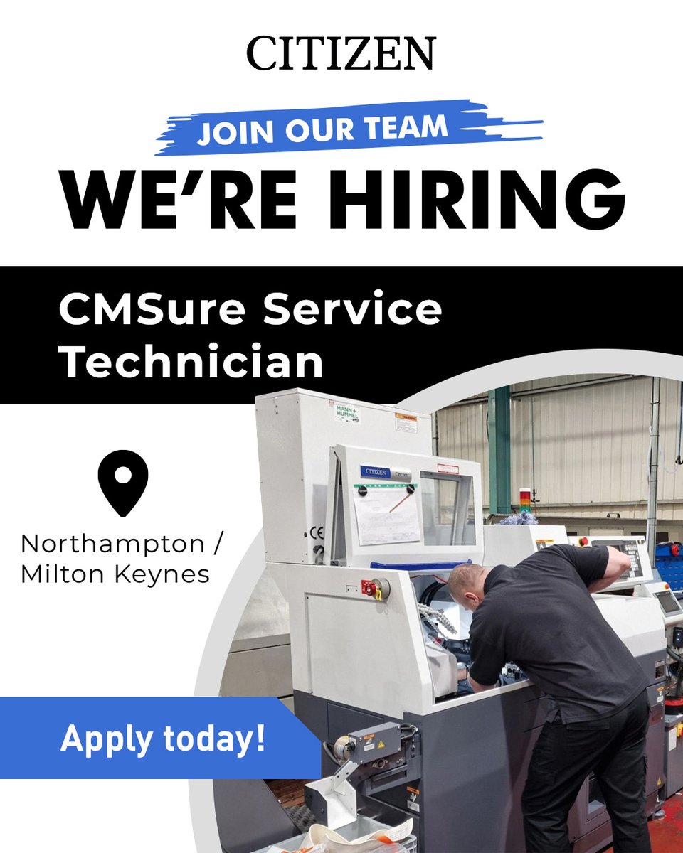 CitizenCNC's tweet photo. The #CitizenCNC team are recruiting for a CMSure service technician in the Northampton/Milton Keynes area. Join our service team representing Citizen’s world renowned #Cincom sliding-head and #Miyano fixed-head turning centres.

Apply today: https://t.co/9r39Xlwnhb https://t.co/vTfgdBUu6c