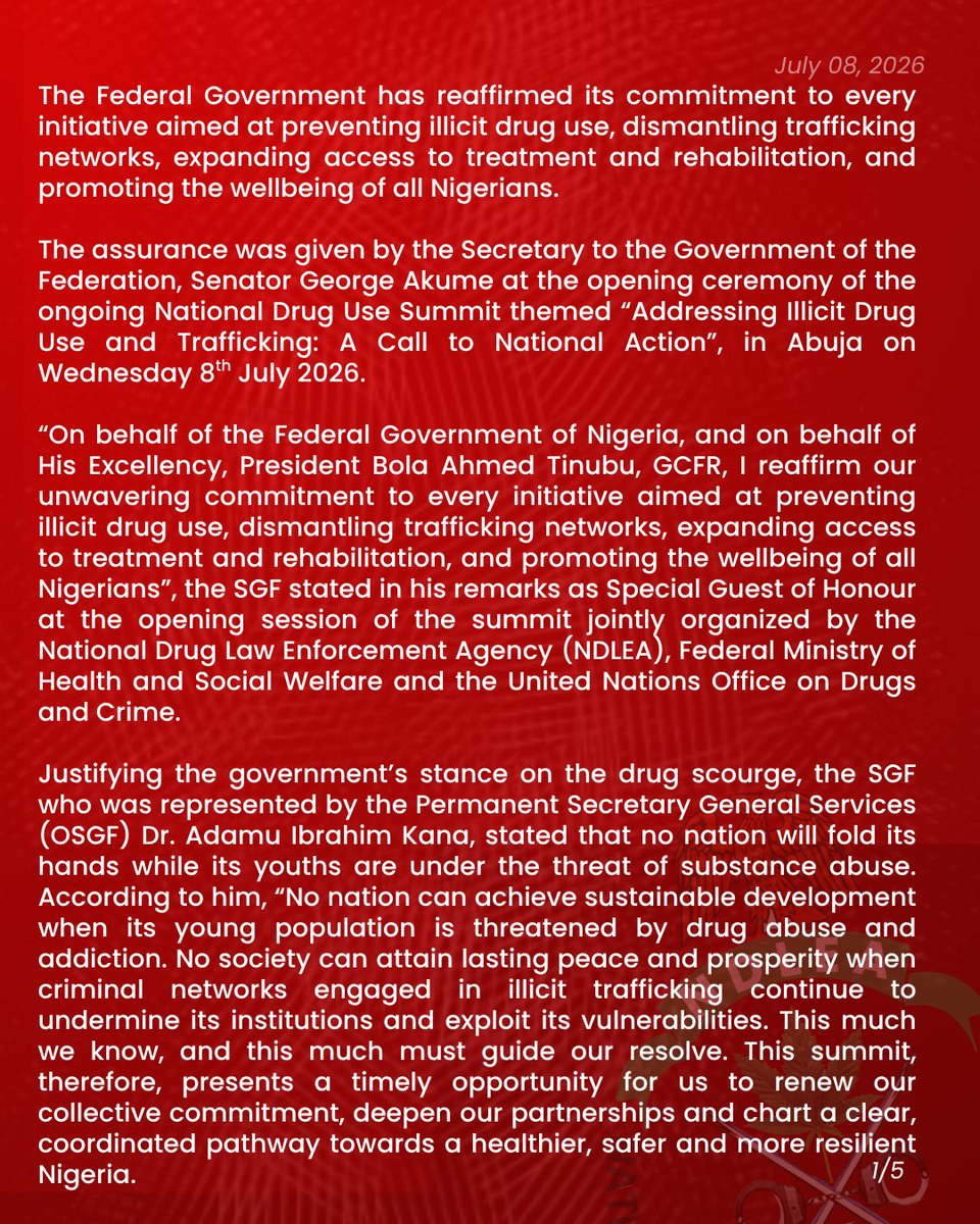 ndlea_nigeria's tweet photo. FG committed to dismantling drug cartels, promoting Nigerians’ wellbeing – SGF Akume

- Substance use summit convened to mobilise National Action Plan against drug scourge, says Marwa

Read more at:
https://t.co/AfGQe8BgKm https://t.co/NnbcwrSLU8