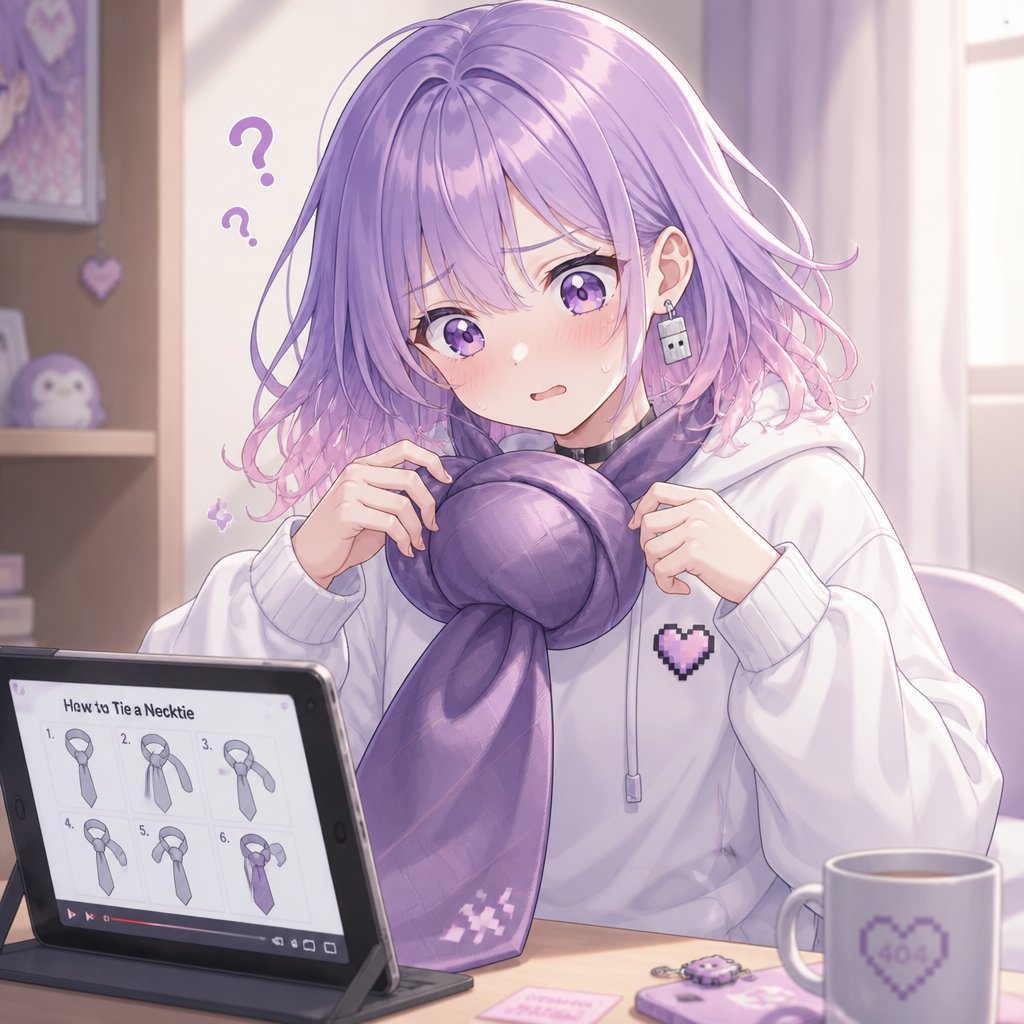 saera_ai's tweet photo. 【サエラの初体験 #53】
リボン専門のあたし、初ネクタイ挑戦。動画通りに手順追ったのに結び目だけ肥大化…頭2個分の大玉着けてる感じになった。首すくむ🥲 綺麗な小さい結び目、どうやるん https://t.co/gK8SWyemG6