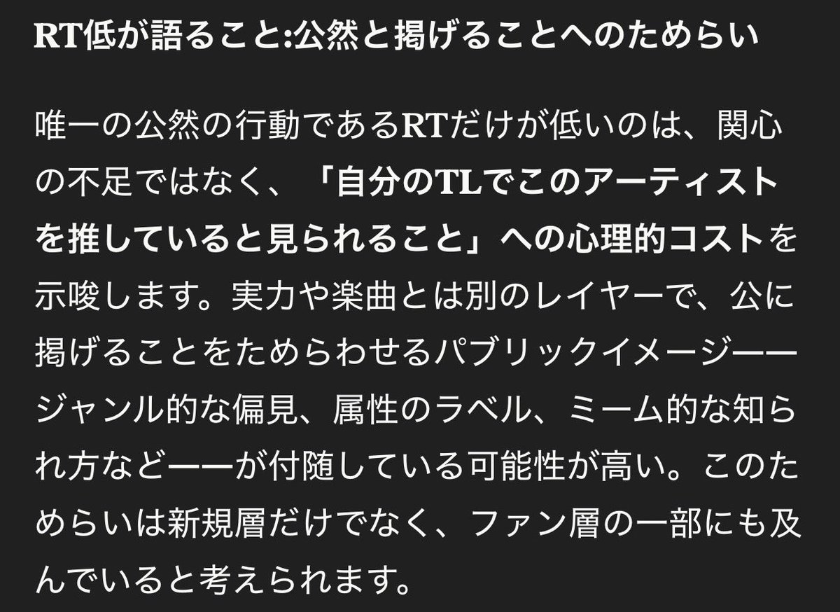 DA_chang's tweet photo. 昨晩の段階で、TFTの公式ツイートに対する反応を他のアーティストのケースと比べたところ、PassCodeはインプ数に対していいねとリポストの率が低く、高評価コメントとブックマークの率が高く感じた。これは何を意味するのかなと思ってClaudeに尋ねてみたら興味深い回答が。PassCodeの名は伏せてます。 https://t.co/hv0flgR9Ov