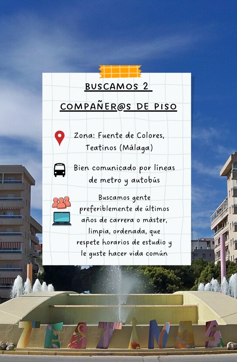 paulaa541's tweet photo. Buscamos 2 compañer@s de piso en Málaga para el curso 26/27 #cotilleosuma #pisosuma #pisosmalaga https://t.co/sI80tlXWlo