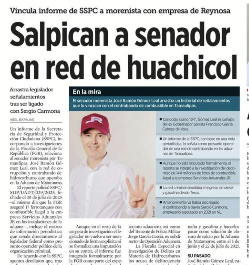 acastilloDC's tweet photo. Ya van dos senadores de Morena vinculados al huachicol y el narco. Inzunza y Gómez Leal señalado como operador político del contrabando de 144 millones de litros en Matamoros. Ambos siguen en el Senado. Ambos siguen cobrando. https://t.co/QAhKAV1OQ3