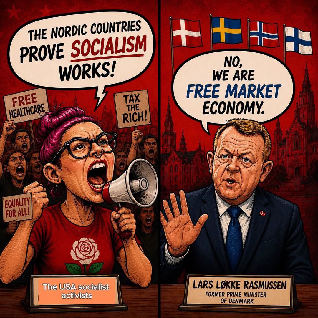 TheBusinessGuy7's tweet photo. Many American activists and commentators point to the Nordic countries as examples of socialism working in practice. They often cite countries such as Denmark, Sweden, Norway, and Finland because of their universal healthcare, generous welfare benefits, paid parental leave, free or low-cost higher education, and relatively high standard of living. In everyday political discussions, these policies are frequently described as socialist.
However, many Nordic political leaders have pushed back against that characterization. Former Danish Prime Minister Lars Løkke Rasmussen has explicitly stated that Denmark is not a socialist planned economy, but a market economy. Similar statements have been made by leaders in other Nordic countries, who generally describe their economies as capitalist or free-market systems with strong social safety nets, private ownership of businesses, competition, international trade, and extensive welfare programs funded by relatively high taxes.