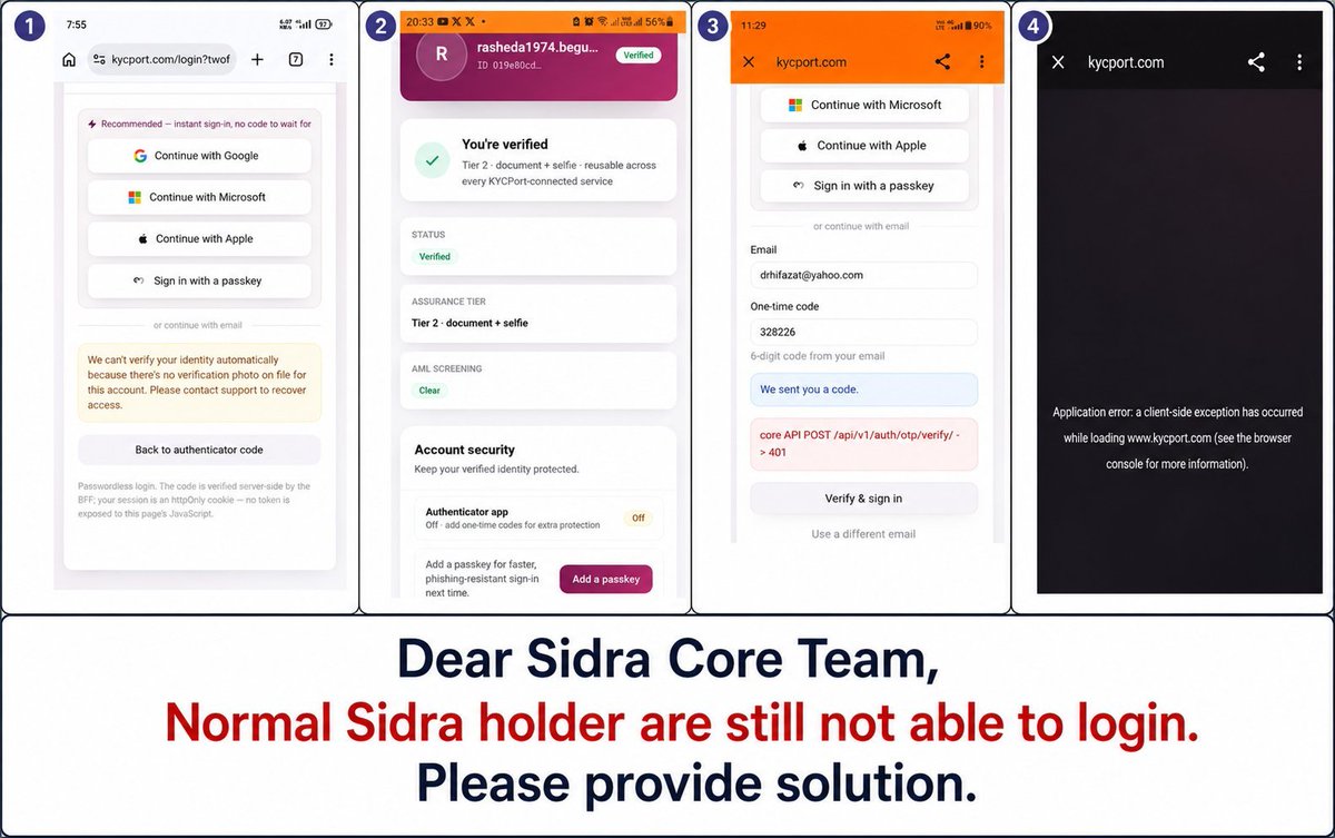 Flexycoll6's tweet photo. Dear Sidra Core Team,

Verified users are still unable to log in. Please provide a solution or official update for the community.

We trust your team and look forward to your response. 🙏 @sidrachain https://t.co/Gt7M9QbPqF
