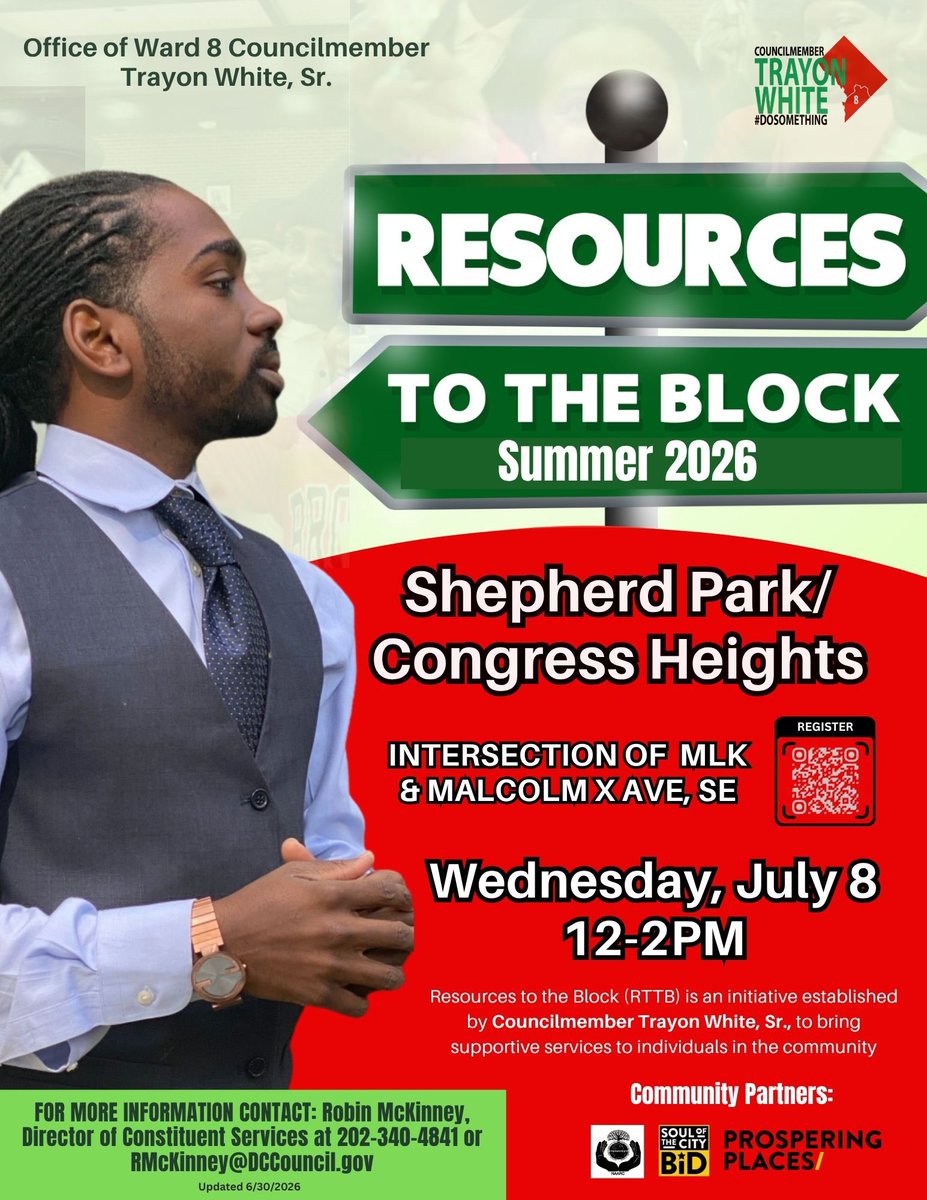 trayonwhite's tweet photo. 📍 Today from 12-2pm at Shepherd Park/Congress Heights!

We’re bringing city agencies, nonprofits, and community partners directly to the neighborhood.

📍 MLK Jr. Ave. &amp; Malcolm X Ave., SE

Stop by, ask questions, &amp; connect with services for you &amp; your family #Ward8 #DoSomething https://t.co/QARRKnKHSM