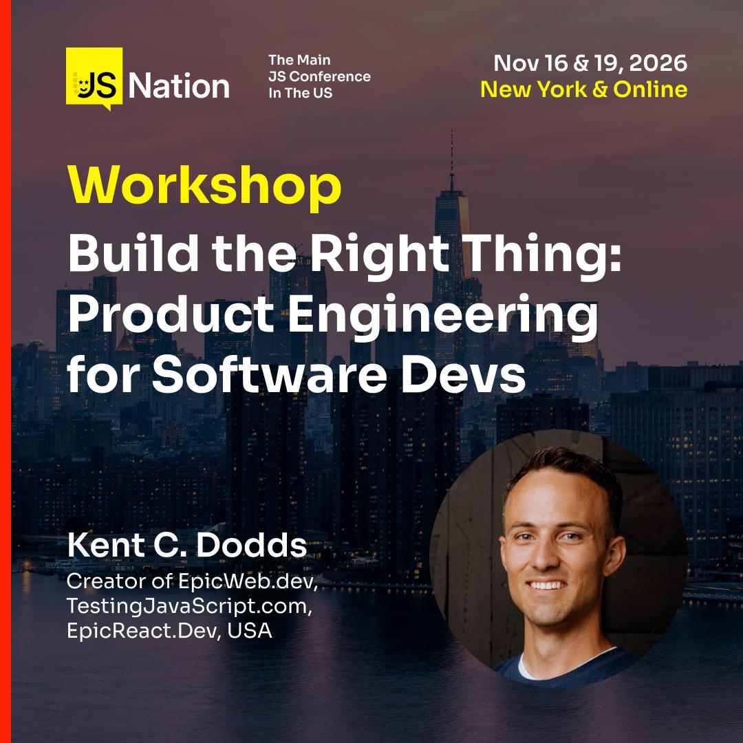 thejsnation's tweet photo. AI writes the code. The skill that won't get automated is knowing what to build. 🧠

Catch @kentcdodds' full-day workshop at JSNation US covers the technical judgment that matters most right now: validating problems before committing to solutions, understanding real users, prioritizing ruthlessly, and building feedback loops that outlast the ship.

🎟 Reserve your spot: https://t.co/h5OW7ibAUa