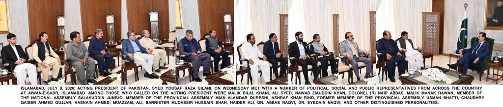 OfficeSenate's tweet photo. قائم مقام صدر مملکت سید یوسف رضا گیلانی سے مختلف سیاسی، سماجی اور عوامی شخصیات کی ملاقات، ملکی امور، عوامی فلاح اور قومی ترقی سے متعلق اہم امور پر تبادلۂ خیال
🇵🇰🇵🇰

قائم مقام صدر مملکت سید یوسف رضا گیلانی سے آج ایوانِ صدر میں ملک کے مختلف علاقوں سے تعلق رکھنے والی مختلف سیاسی، سماجی اور عوامی شخصیات نے ملاقات کی۔

ملاقات کرنے والوں میں میاں علمدار قریشی رکن صوبائی اسمبلی،  عثمان بھٹی سابق رکن صوبائی اسمبلی، قیصر احمد گجر سابق رکن صوبائی اسمبلی، علی سید چئیرمین نیشنل انشورنس کمپنی، عثمان چوہدری (ملیشیا) چئیرمین گلوبل مسلم بزنس فورم، چوہدری عمر نثار، محمد عمران علی چئیرمین ریوائو پاکستان،  سردار احمد رضا ماہر تعلیم ،کرنل (ر) نیئر عباس، ملک منک راں، معظم علی، بیرسٹر مدثر حسین شاہ، حیدر علی، ڈاکٹر عباس نقوی، ڈاکٹر سیدین نقوی اور دیگر معزز شخصیات شامل تھیں۔

ملاقات کے دوران ملک کی مجموعی سیاسی، معاشی اور سماجی صورتحال، عوامی فلاح و بہبود، قومی ترقی، عوام کو درپیش مسائل اور باہمی دلچسپی کے دیگر اہم امور پر تفصیلی تبادلۂ خیال کیا گیا۔

اس موقع پر شرکاء نے قائم مقام صدر مملکت سید یوسف رضا گیلانی کی قومی، سیاسی، سماجی اور عوامی خدمات کو زبردست خراجِ تحسین پیش کرتے ہوئے ملکی ترقی، قومی یکجہتی، جمہوری اقدار کے فروغ اور عوامی بہبود کے لیے ان کے کردار کو سراہا۔ انہوں نے ملک کے استحکام اور خوشحالی کے لیے اپنی مکمل حمایت اور مشترکہ کاوشوں کے عزم کا بھی اظہار کیا۔

قائم مقام صدر مملکت نے ملاقات کرنے والے وفود اور شخصیات کے مسائل اور تجاویز کو سنا اور متعلقہ امور کے مؤثر اور بروقت حل کے لیے ہر ممکن اقدامات کی یقین دہانی کرائی۔

اس موقع پر قائم مقام صدر نے کہا کہ پاکستان کی پائیدار ترقی، قومی استحکام اور عوام کی خوشحالی کے لیے قومی یکجہتی، مؤثر طرزِ حکمرانی اور تمام طبقات کی مشترکہ کاوشیں ناگزیر ہیں۔
@GovtofPakistan @Financegovpk
@SenatePakistan @PresOfPakistan
@NAofPakistan @YRGillani
@MediaCellPPP @PTVNewsOfficial
@RadioPakistan @SenatorOfPak
#PresidentOfPakistan #Senate #Pakistan #Peace #YousafRazaGilani #Democracy