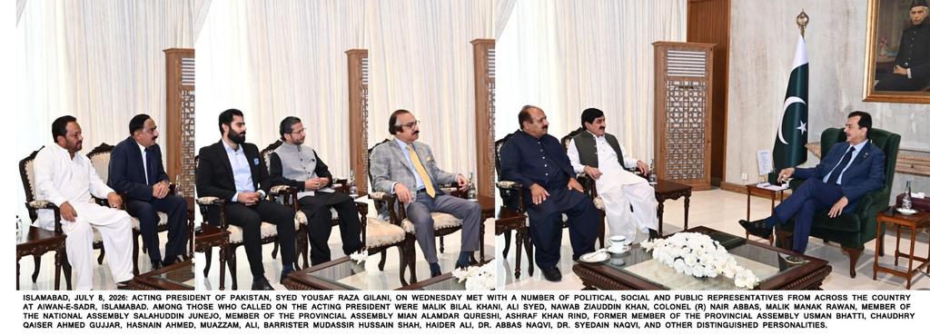OfficeSenate's tweet photo. قائم مقام صدر مملکت سید یوسف رضا گیلانی سے مختلف سیاسی، سماجی اور عوامی شخصیات کی ملاقات، ملکی امور، عوامی فلاح اور قومی ترقی سے متعلق اہم امور پر تبادلۂ خیال
🇵🇰🇵🇰

قائم مقام صدر مملکت سید یوسف رضا گیلانی سے آج ایوانِ صدر میں ملک کے مختلف علاقوں سے تعلق رکھنے والی مختلف سیاسی، سماجی اور عوامی شخصیات نے ملاقات کی۔

ملاقات کرنے والوں میں میاں علمدار قریشی رکن صوبائی اسمبلی،  عثمان بھٹی سابق رکن صوبائی اسمبلی، قیصر احمد گجر سابق رکن صوبائی اسمبلی، علی سید چئیرمین نیشنل انشورنس کمپنی، عثمان چوہدری (ملیشیا) چئیرمین گلوبل مسلم بزنس فورم، چوہدری عمر نثار، محمد عمران علی چئیرمین ریوائو پاکستان،  سردار احمد رضا ماہر تعلیم ،کرنل (ر) نیئر عباس، ملک منک راں، معظم علی، بیرسٹر مدثر حسین شاہ، حیدر علی، ڈاکٹر عباس نقوی، ڈاکٹر سیدین نقوی اور دیگر معزز شخصیات شامل تھیں۔

ملاقات کے دوران ملک کی مجموعی سیاسی، معاشی اور سماجی صورتحال، عوامی فلاح و بہبود، قومی ترقی، عوام کو درپیش مسائل اور باہمی دلچسپی کے دیگر اہم امور پر تفصیلی تبادلۂ خیال کیا گیا۔

اس موقع پر شرکاء نے قائم مقام صدر مملکت سید یوسف رضا گیلانی کی قومی، سیاسی، سماجی اور عوامی خدمات کو زبردست خراجِ تحسین پیش کرتے ہوئے ملکی ترقی، قومی یکجہتی، جمہوری اقدار کے فروغ اور عوامی بہبود کے لیے ان کے کردار کو سراہا۔ انہوں نے ملک کے استحکام اور خوشحالی کے لیے اپنی مکمل حمایت اور مشترکہ کاوشوں کے عزم کا بھی اظہار کیا۔

قائم مقام صدر مملکت نے ملاقات کرنے والے وفود اور شخصیات کے مسائل اور تجاویز کو سنا اور متعلقہ امور کے مؤثر اور بروقت حل کے لیے ہر ممکن اقدامات کی یقین دہانی کرائی۔

اس موقع پر قائم مقام صدر نے کہا کہ پاکستان کی پائیدار ترقی، قومی استحکام اور عوام کی خوشحالی کے لیے قومی یکجہتی، مؤثر طرزِ حکمرانی اور تمام طبقات کی مشترکہ کاوشیں ناگزیر ہیں۔
@GovtofPakistan @Financegovpk
@SenatePakistan @PresOfPakistan
@NAofPakistan @YRGillani
@MediaCellPPP @PTVNewsOfficial
@RadioPakistan @SenatorOfPak
#PresidentOfPakistan #Senate #Pakistan #Peace #YousafRazaGilani #Democracy