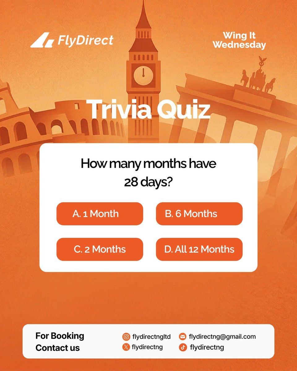 flydirectng's tweet photo. It's Wing It Wednesday! π
Time to put your thinking cap on! π€
How many months have 28 days?
π Drop your answer in the comments without googling! Let's see who gets it right. π
#FlyDirect #WingItWednesday #TravelTrivia #TravelFun https://t.co/8jRokCNuLV