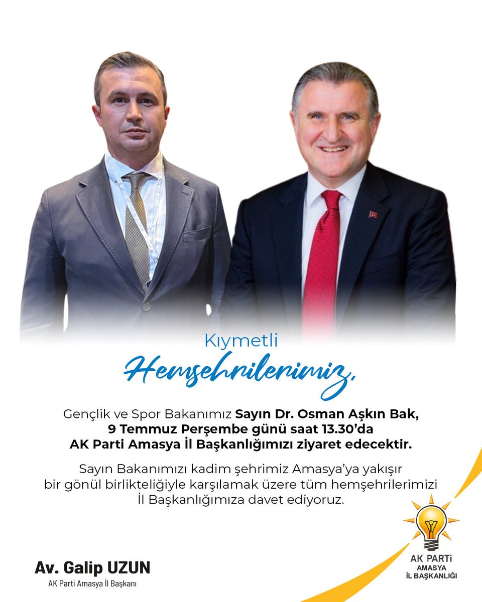 akpartiamasyail's tweet photo. 📍AK Parti Amasya İl Başkanlığı 

Kadim şehrimiz Amasya’da, Gençlik ve Spor Bakanımız Dr. Osman Aşkın Bak’ı ağırlamanın heyecanını yaşıyoruz.

9 Temmuz Perşembe günü saat 13.30’da AK Parti Amasya İl Başkanlığımızda gerçekleşecek ziyarete tüm hemşerilerimiz davetlidir. https://t.co/nWzduCrHN5