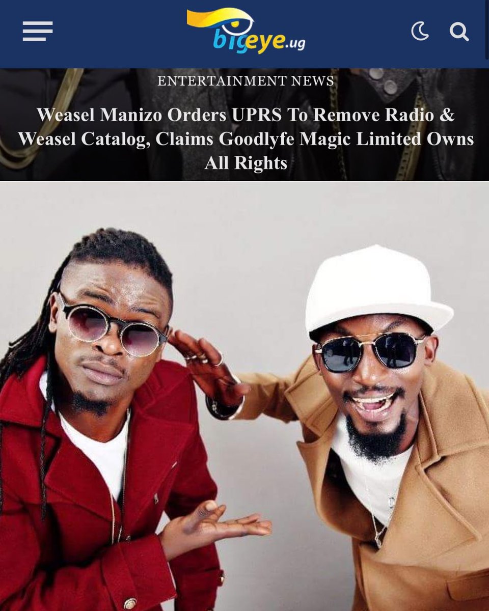 BigEyeUG's tweet photo. Weasel Manizo has declared that Goodlyfe Magic Limited, the company under which the legendary Radio &amp; Weasel music catalog was created, owns all rights to the duo’s music and master recordings. https://t.co/w8M8Vwiq5l