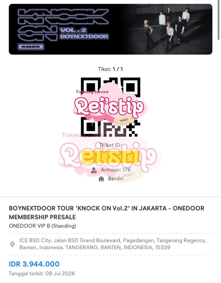Reistip_'s tweet photo. TODAY SECURED [JASWAR]
BOYNEXTDOOR DOOR KNOCK ON VOL 2 JAKARTA.

VIP B and PINK B with low QN😍🥹

Thank you for choosing and trusting us🫂🤍 https://t.co/3OGb11vYbg
