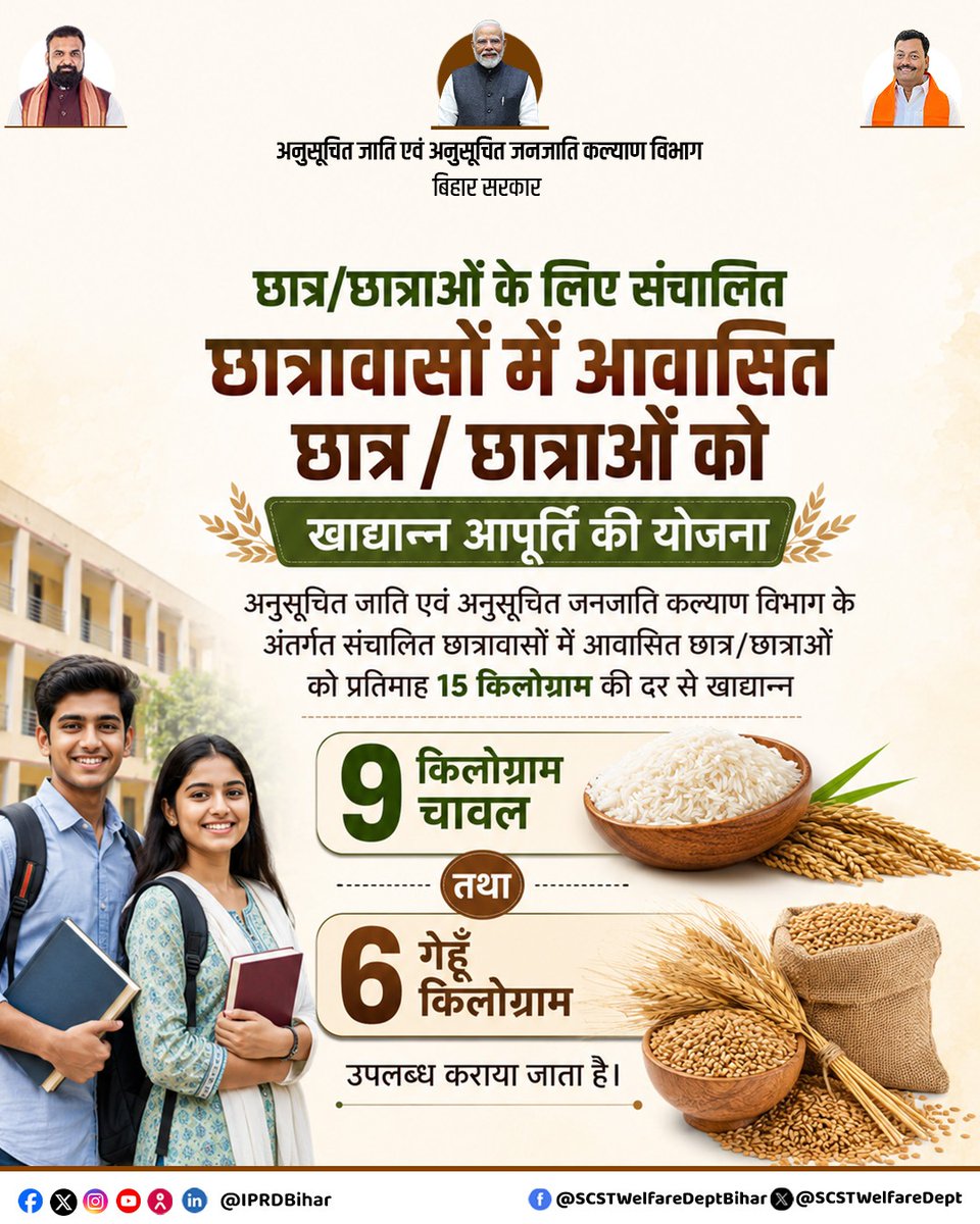 SCSTWelfareDept's tweet photo. अनुसूचित जाति एवं अनुसूचित जनजाति छात्रावासों में रह रहे छात्रों को प्रति माह 15 किलो खाद्यान्न (9 किलो चावल, 6 किलो गेहूँ) की सुविधा।
#SCSTWelfareDept
#SCSTStudents
#StudentSupport
#Bihar
#BiharGovernment https://t.co/aZg09qftKV