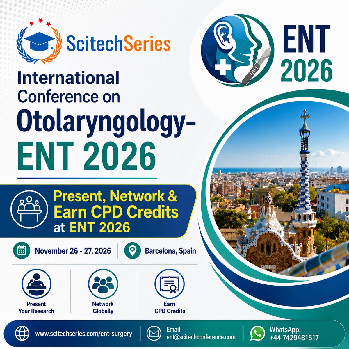 jackthomas7674's tweet photo. 🩺Present. Network. Earn CPD Credits at ENT 2026!
November 26–27, 2026in Barcelona, Spain
🔗https://t.co/jXl85Z9ObT
#ENT2026 #ENTConference #Otolaryngology #ENTSurgery #HeadAndNeckSurgery #MedicalConference #CPDCredits #MedicalResearch #Barcelona #HybridConference @ScitechSeries https://t.co/7RXKTqHR7T