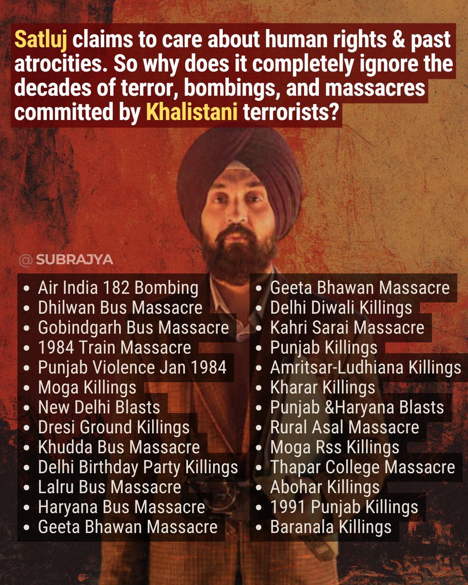 SarpanchMika's tweet photo. The movie Satluj is a textbook example of manufactured history. It claims to show the truth, but it purposely hides the real facts

The film completely ignores the bombings, bus massacres, and brutal violence caused by Khalistani terrorists against thousands of innocent people. By erasing the real killers from the story, it is not history but propaganda.

Showing only one side of the story is dishonest. Weaponizing a one-sided narrative while completely silencing the actual victims of terrorism is a dangerous game. You cannot just blame the police and give a free pass to the armed terrorists who actually started the bloodshed in Punjab.

Caring about only side of the story makes it a lie. True justice means remembering every innocent life lost, not just the ones that fit a political agenda. 

It is time to stop falling for half-truths meant to brainwash the next generation.