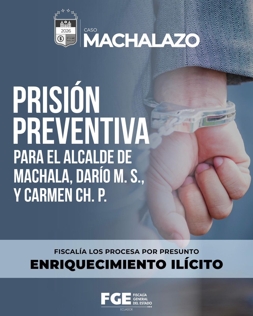 FiscaliaEcuador's tweet photo. #CasoMachalazo | #FiscalíaEc inicia un proceso penal contra Darío M. S., alcalde de #Machala, y Carmen Ch. P., por presunto #EnriquecimientoIlícito.

Conoce más detalles del caso ⬇️
https://t.co/p0u7b4e9xT https://t.co/6NdT1mF8dg