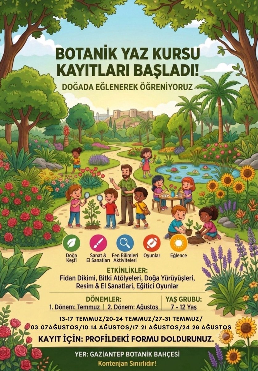 gbbbotanik's tweet photo. Doğayla iç içe, eğlence ve keşif dolu bir yaz bekliyor. 🌿☀️
Botanik Bahçesi’nde düzenlenecek Botanik Yaz Kursu’nda çocuklarımız bitkileri tanıyacak, bilim ve sanat etkinlikleriyle keyifli vakit geçirecek. 
Başvurularınız için:
https://t.co/YmMtxKPGZF https://t.co/4Fo4eHn87l