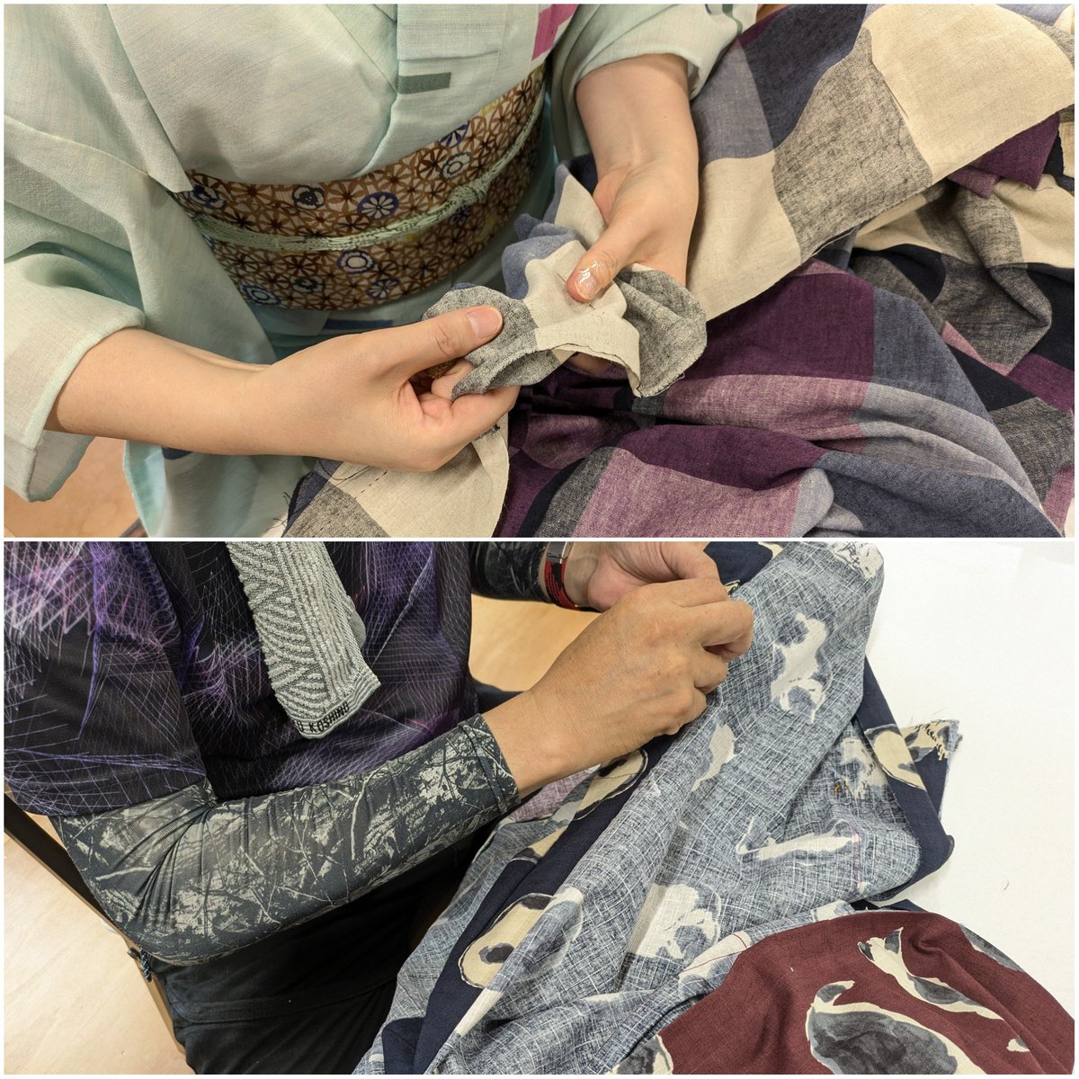hioriya2's tweet photo. 本日の #燈織屋の和裁教室

伊勢木綿着物
片身替わり着物
阿波しじら浴衣
紗袷を京袋帯に
紗着物のお直し

〈今日のハイライト〉
・二葉葵のお裾分け
・今日でインスタデビュー
・やっぱり鳥獣戯画
・神社の裏ブログ書こう
・70cm……25cm……7cm……
・布を扱う才能
・信号機と電柱でお揃いだ https://t.co/HXGY5bUzG2