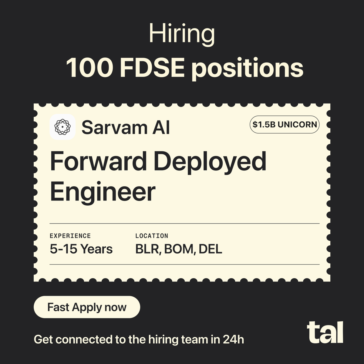 OnTheGrapevine's tweet photo. [Hiring] 100 FDSE roles for Sarvam. Apply and we will fast track you to the team: https://t.co/LOasLtx1QS https://t.co/AIuAVuEvg8
