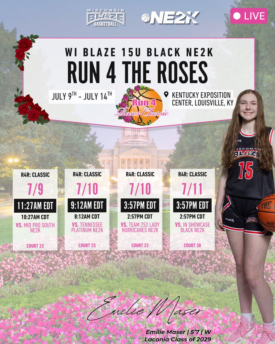 EmilieMaser's tweet photo. Come check out our @WisconsinBlaze team at @TFNsRun4Roses, last stop for @NE2KHoops circuit🌹 🏀 🔥 

@LisaMVanWyk 
@PGHWisconsin 
@JrAllStarWI 
#BlazePATH https://t.co/28i3Rc7icd