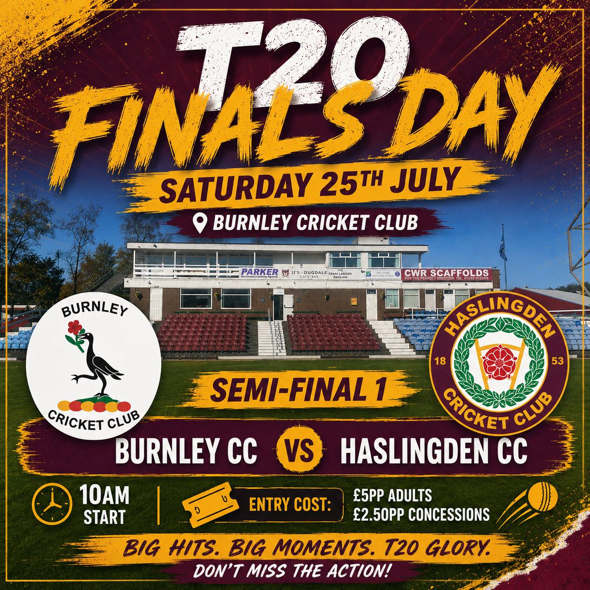 HaslingdenCC's tweet photo. T20 Finals Day
🗓️ Saturday 25th July
📍 Burnley Cricket Club
🕙 10am 
🏏 Semi Final 1
🐍 Burnley CC v Haslingden CC

🚌 Return transport available at £12pp leaving HCC at 8am. Must pre-book please via social channels
🎟️ Gate entry £5pp adults / £2.50pp concessions https://t.co/SMsReIs5Kq