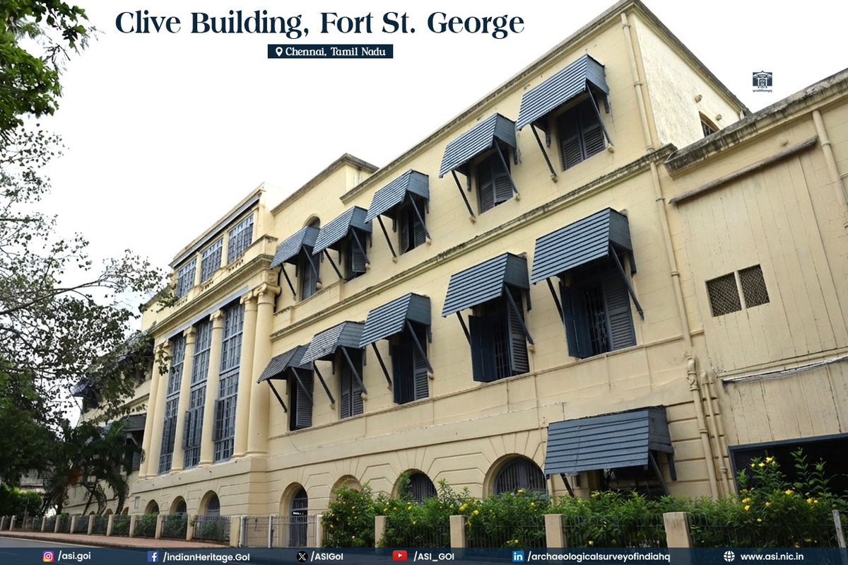 ASIGoI's tweet photo. Clive's Building, also known as Admiralty House, is one of the twelve heritage buildings inside Fort St. George, Chennai, protected and maintained by the Archaeological Survey of India. Located opposite St. Mary's Church on Charles Street, the building was originally owned by a wealthy Armenian merchant and was later rented by Robert Clive, first British Governor of Bengal Presidency, who lived here with his wife for some time after their marriage.

Initially, the hall of the building served as the court of three justices and was later used as a banqueting hall for state functions. The large three-storeyed building has a square plan with arched openings, wooden windows, and tall pillars. The first floor features spacious halls with high ceilings and circular columns. A gallery known as Clive's Corner, displaying information about Robert Clive, is open to the public.