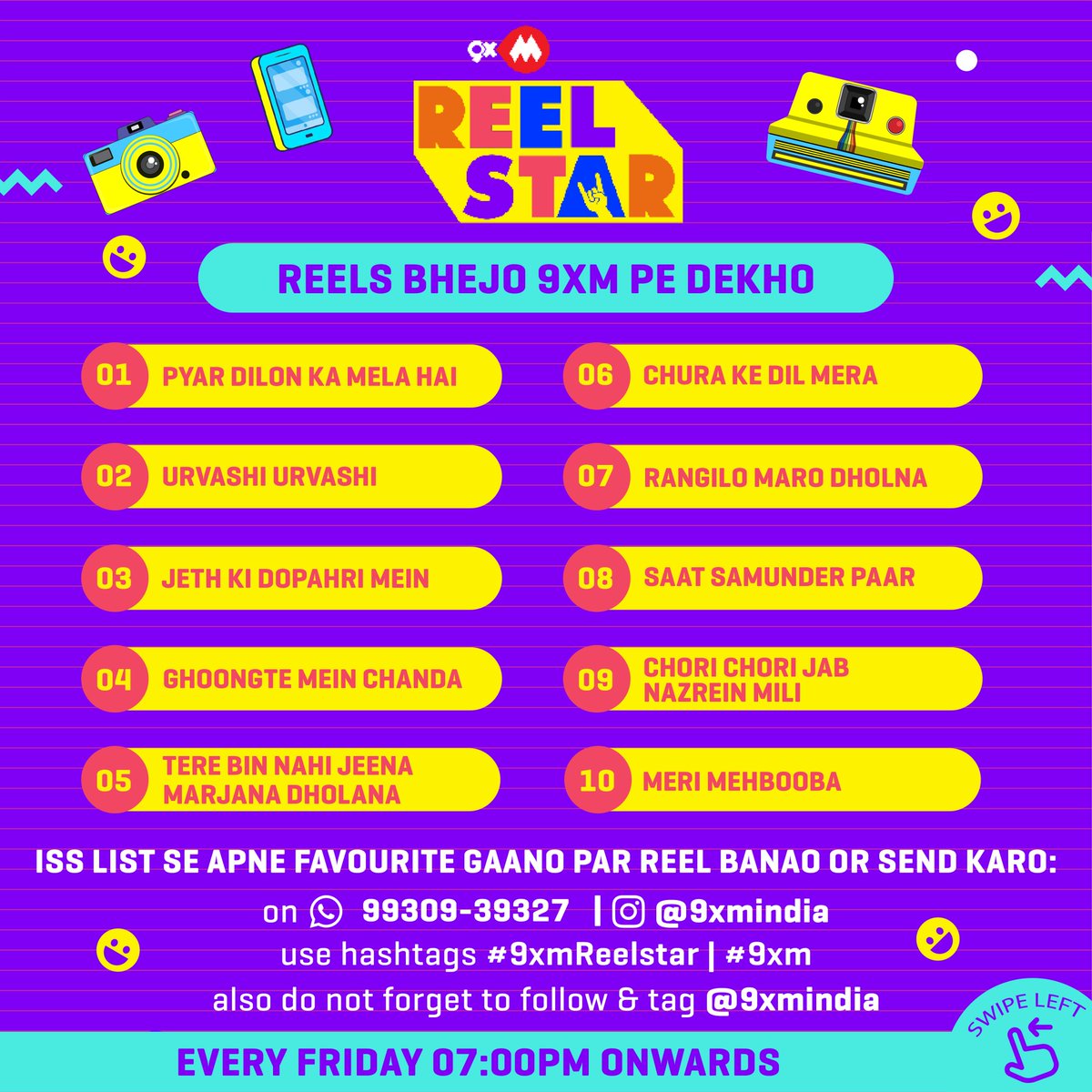 9xmHaqSe's tweet photo. Yeh hai aapke iss hafte ke favorite 90's ke gaane, bhejo humein apne reels, aur paao mauka humare channel @9xmindia pe feature hone ka ❤️📺
.
Bhejiye apne reels 9930939327 is number pe and Use kijiye humara hashtag #9xmReelstar #9xm also don’t forget to tag and follow us❤
.
So Hurry & Become Popular 🤩
.
Dekhte rahiye #9XMREELSTAR Every Friday 7pm onwards!
.
.
.
.
.
.
.
#9xm #reelstar #reels #insta #songoftheweek #music #trending #trendingsong #audio #video #bollywood #bollywoodsong #hindi #lofi #favourite #reelitfeelit #viralvideo #explore