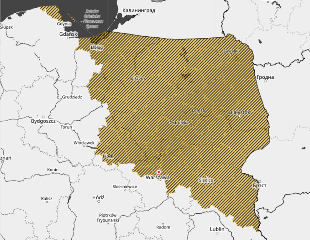 IMGWmeteo's tweet photo. 🌬️ Komunikat meteorologiczny IMGW-PIB – silny wiatr

Na obszarze zaznaczonym na mapie obserwowane są porywy wiatru osiągające 55–70 km/h.

🌪️ W ciągu najbliższych 2–3 godzin wiatr okresami nadal będzie utrzymywał podobną siłę. Po tym czasie przewidywane jest jego stopniowe słabnięcie.

📅 Ważność komunikatu: 08.07.2026, godz. 13:35–16:30

⚠️ Komunikat został opracowany na podstawie danych z systemów teledetekcji atmosfery oraz sieci pomiarowo-obserwacyjnej IMGW-PIB. Lokalnie przebieg zjawiska może różnić się od przedstawionego w komunikacie.

📲 Aktualne ostrzeżenia i prognozy: https://t.co/TFpwj6p9MO

#IMGW #SilnyWiatr #Pogoda #Bezpieczeństwo
