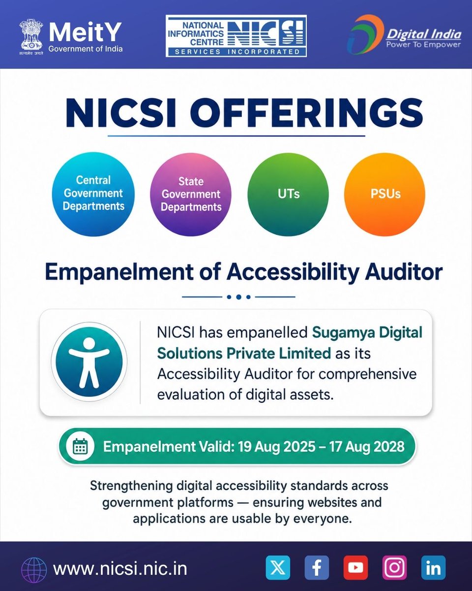 MeitY_NICSI's tweet photo. NICSI has empanelled Sugamya Digital Solutions Pvt. Ltd. as an Accessibility Auditor for the comprehensive evaluation of digital assets, reinforcing accessible and inclusive government digital services.

#NICSI #MeitY #DigitalIndia #Accessibility #eGovernance #GovTech https://t.co/5nXQ7KurAv