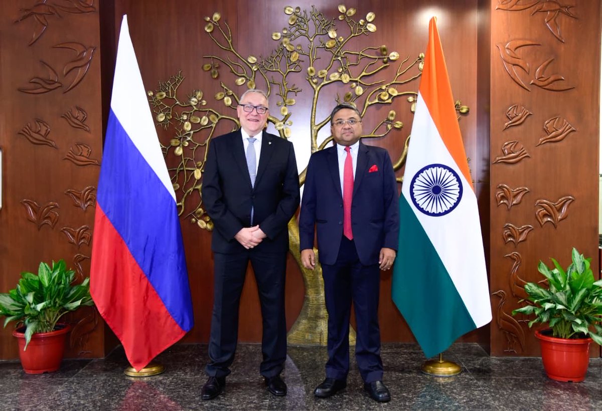 MEAIndia's tweet photo. The 14th Meeting of India-Russia Joint Working Group on Counter Terrorism was held in New Delhi today.

Co-chaired by Secretary (West) @AmbSibiGeorge and Deputy Foreign Minister of Russia, Mr. Dmitry Lyubinski. 

Both sides condemned terrorism in all its forms and manifestation including cross- border terrorism and called for concerted action against terrorists and terrorist groups and their proxies and affiliates. They shared their assessment on regional and global terrorism and agreed to enhance cooperation to address challenges such as radicalization, terror financing and misuse of new and emerging technologies for terrorist purposes. 

Both sides reaffirmed their commitment to strengthen counter terrorism cooperation at multilateral fora including at the UN, BRICS, EAG and SCO.