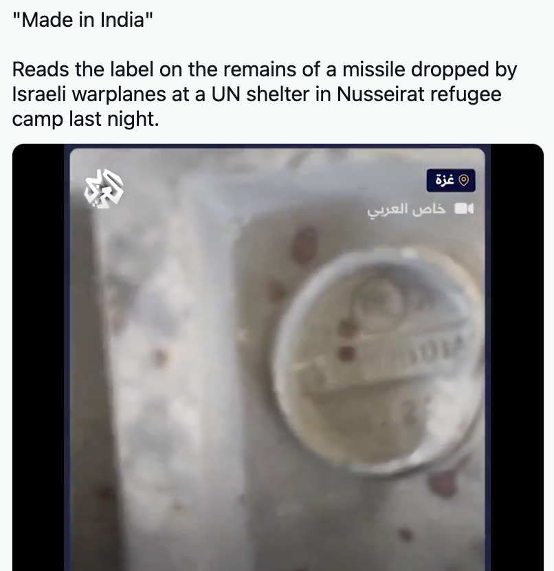 kafkasbluebug's tweet photo. everyone is pro-palestine but nobody wants to highlight their own country's complicity in the genocide. india is deeply complicit in the genocide. 

Modi's best friends and India's billionaire class is directly funding the genocide and profiting off of it. here are some examples:

Adani: Adani-Elbit Advanced Systems India, Ltd. manufactures the Hermes 900 drone, which has been used in Gaza. Adani Ports, which owns Haifa Ports, is therefore the owner of an Israeli navy facility that harbors Israel’s submarine fleet.

Tata: Tata Consultancy Group has been working on the Project Nimbus system, which provides surveillance and targeting of Palestinians in Gaza. Tata has sold Israel Land Rover vehicles, which the Israeli military has converted into the MDT David, an armored vehicle it uses in patrols in the West Bank and in Gaza. through its subsidiary, Tata Advanced Systems Ltd (TASL), it is a core global provider of wings for all new F-16 fighter jets and fuselages for all AH-64 Apache attack helicopters — the primary aircraft used by the Israeli Air Force to bombard Gaza.

Ambani: Reliance Jio has been working closely with Israeli digital firms to build Israel’s digital infrastructure, while Reliance Defense has worked with Rafael Advanced Defense Systems to build missile systems and drones for the Israeli military.