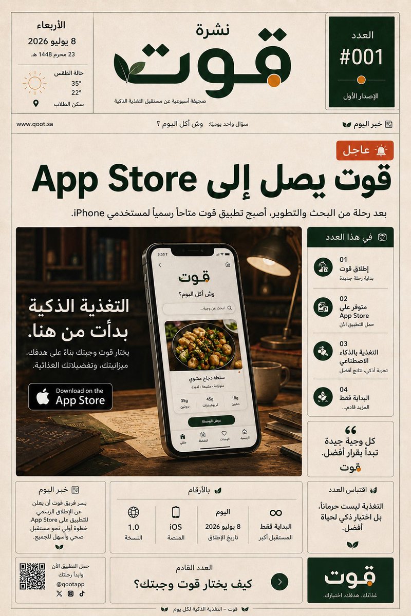 qootapp's tweet photo. 📰 العدد #001 | نشرة قوت

بعد رحلة طويلة من البحث، والتطوير، والتجارب…

أصبح قوت متوفرًا الآن على App Store. 🍏

إذا كان سؤالك كل يوم:

وش آكل اليوم؟

فقوت يساعدك تختار وجبتك المناسبة بناءً على هدفك، وميزانيتك، وتفضيلاتك الغذائية باستخدام الذكاء الاصطناعي.

وهذه مجرد البداية. 🌿

⬇️ حمّل التطبيق الآن:
[https://t.co/j8eGNm1SMK]